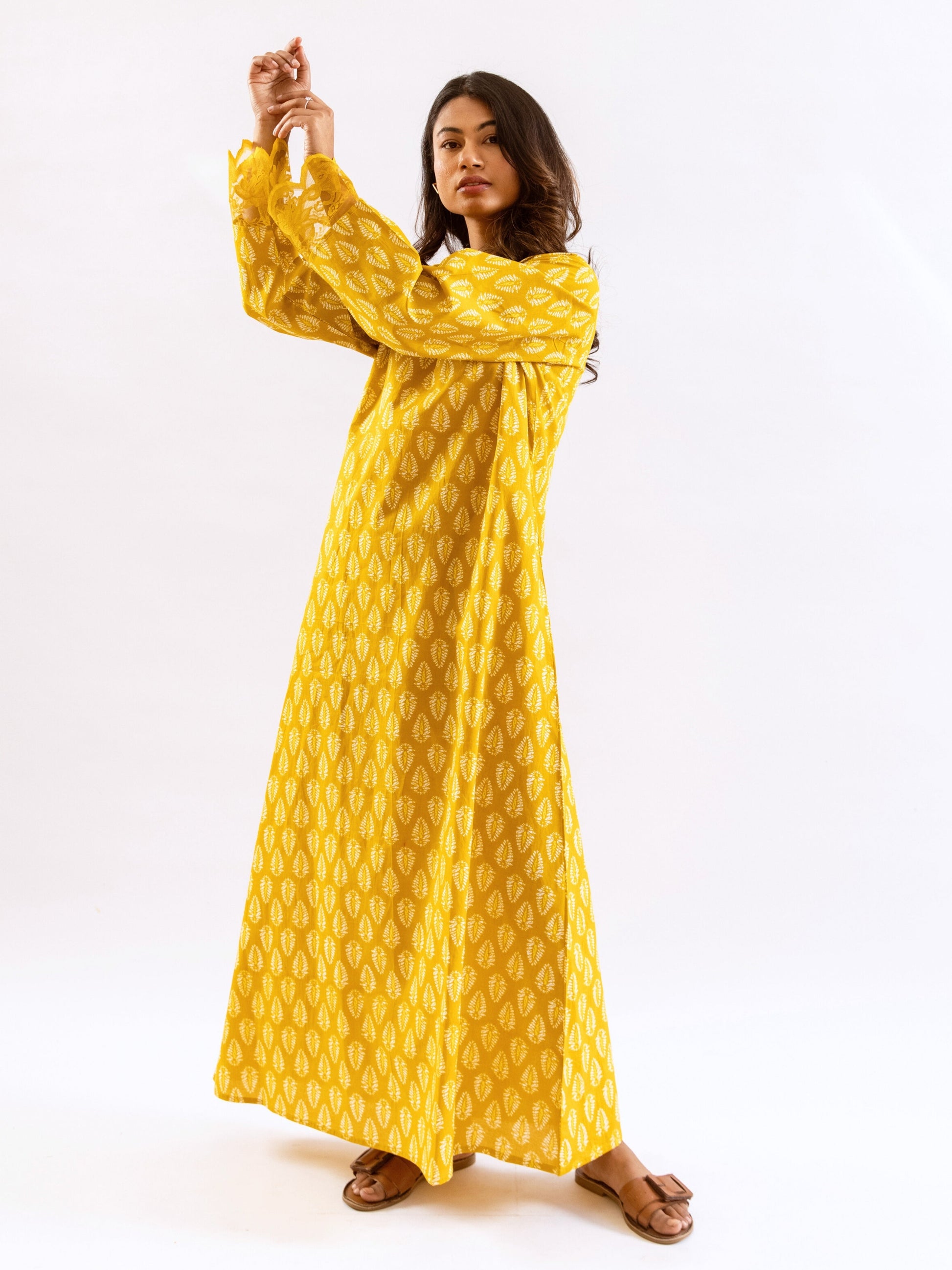 Yellow Bloom Lacy Pure Cotton V neck Night Maxi