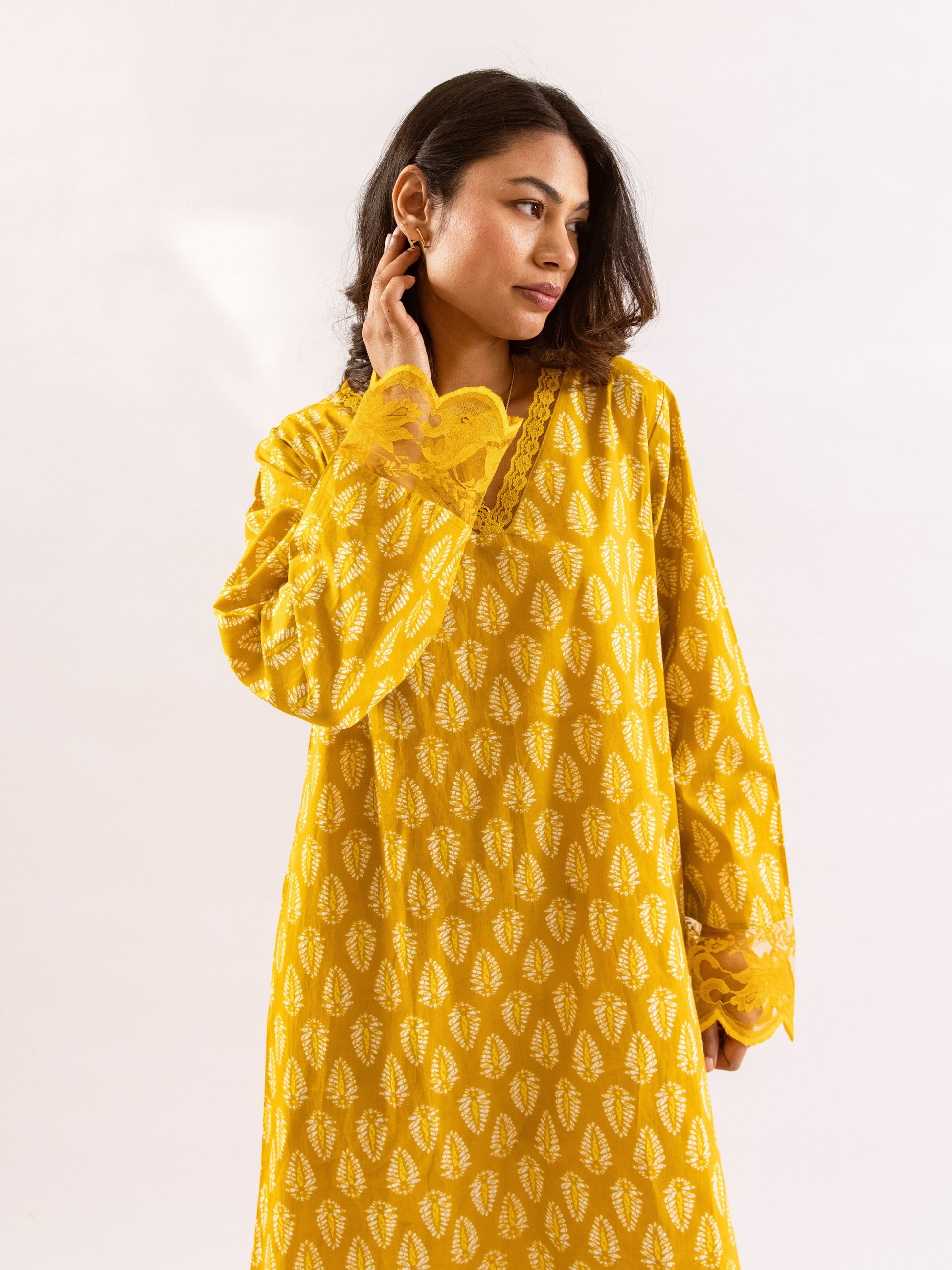 Yellow Bloom Lacy Pure Cotton V neck Night Maxi