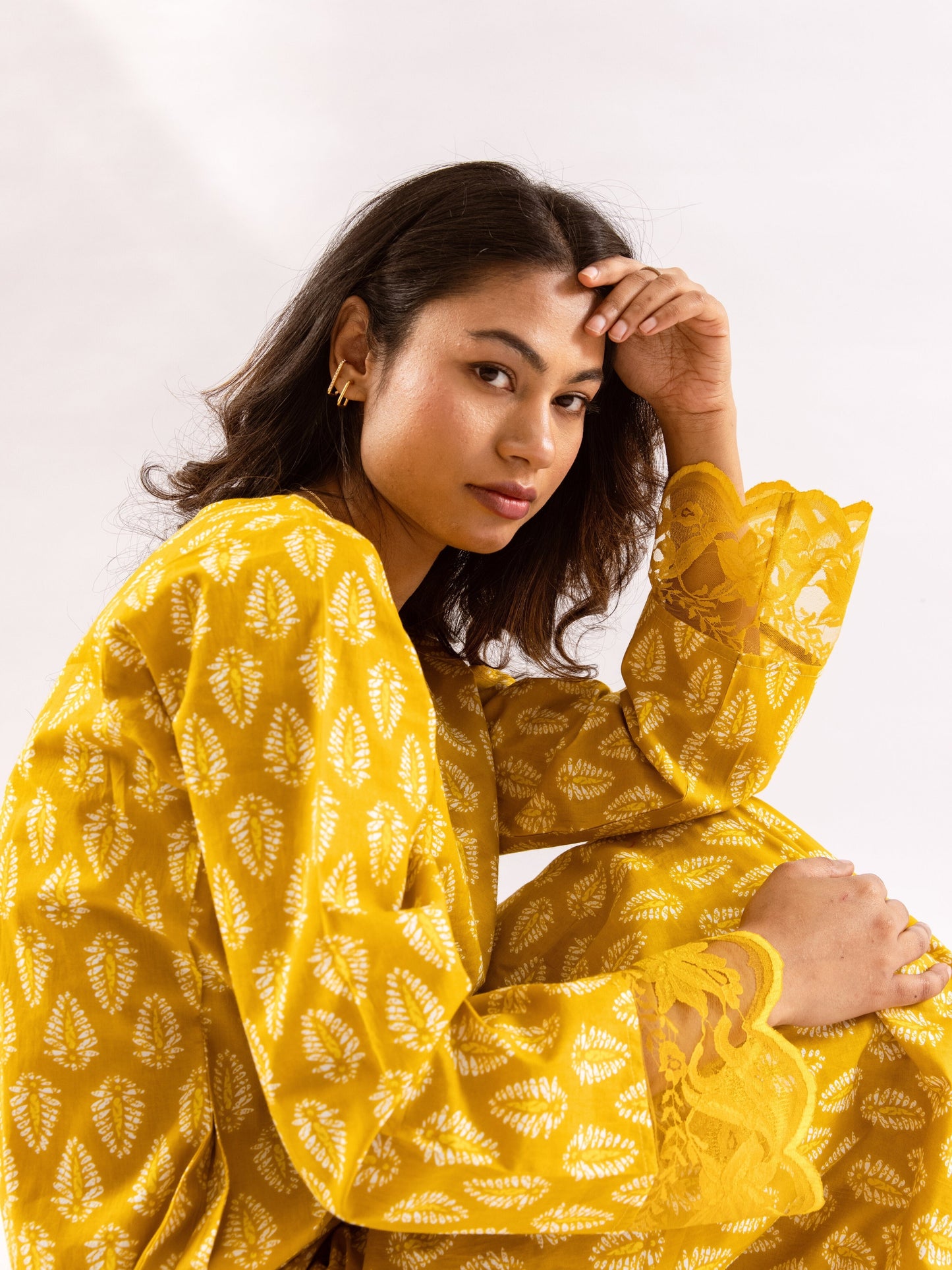 Yellow Bloom Lacy Pure Cotton V neck Night Maxi