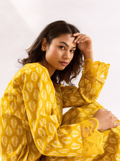 Yellow Bloom Lacy Pure Cotton V neck Night Maxi