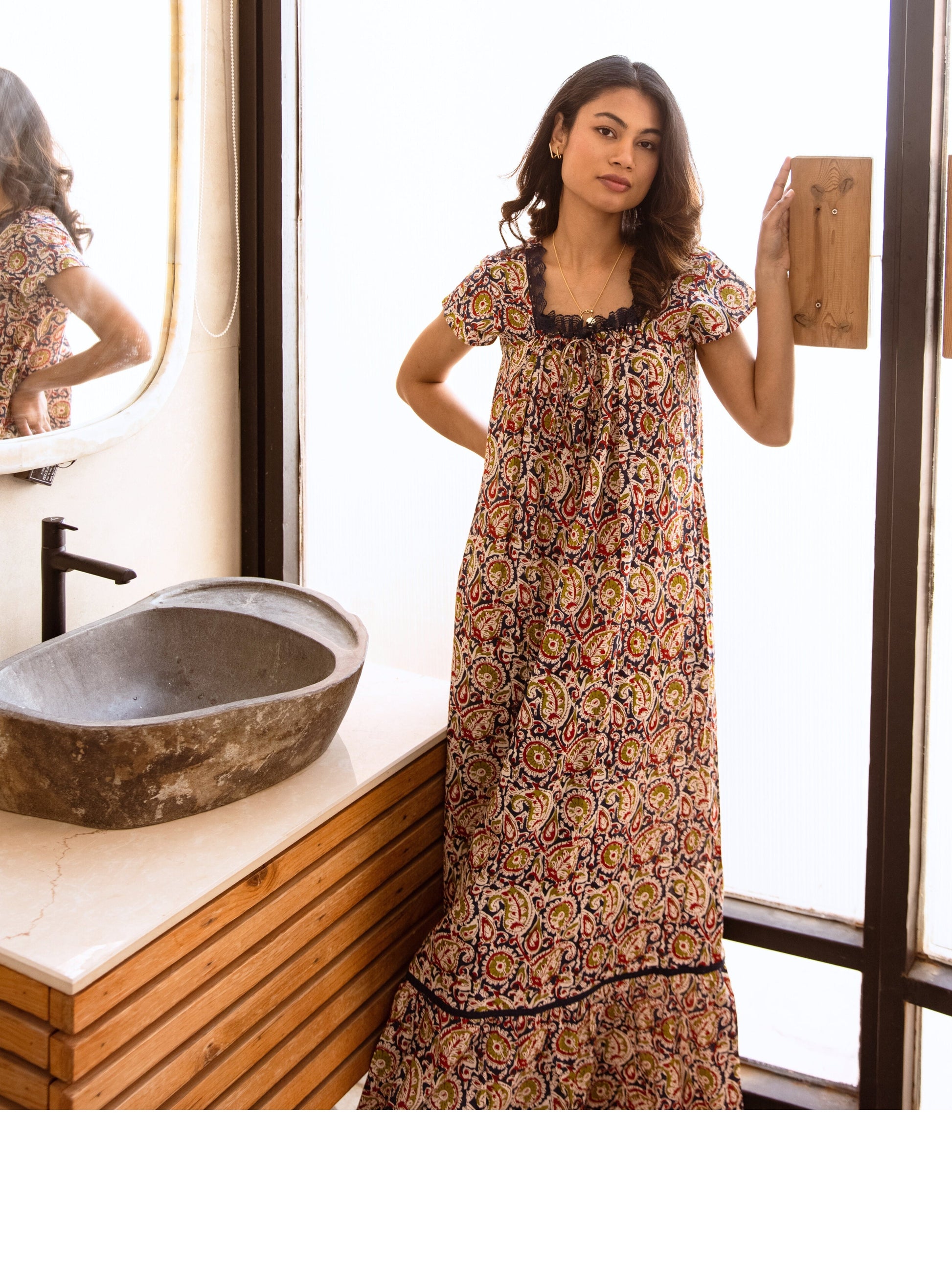 Blue Twilight Garden Tie-Up Pure Cotton Square neck Night Maxi