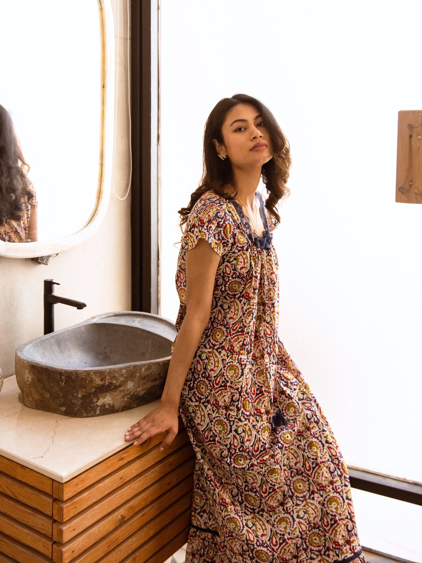 Blue Twilight Garden Tie-Up Pure Cotton Square neck Night Maxi