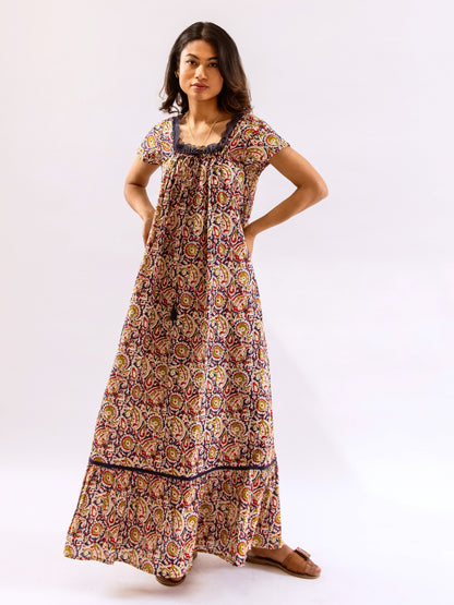 Blue Twilight Garden Tie-Up Pure Cotton Square neck Night Maxi