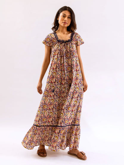 Blue Twilight Garden Tie-Up Pure Cotton Square neck Night Maxi
