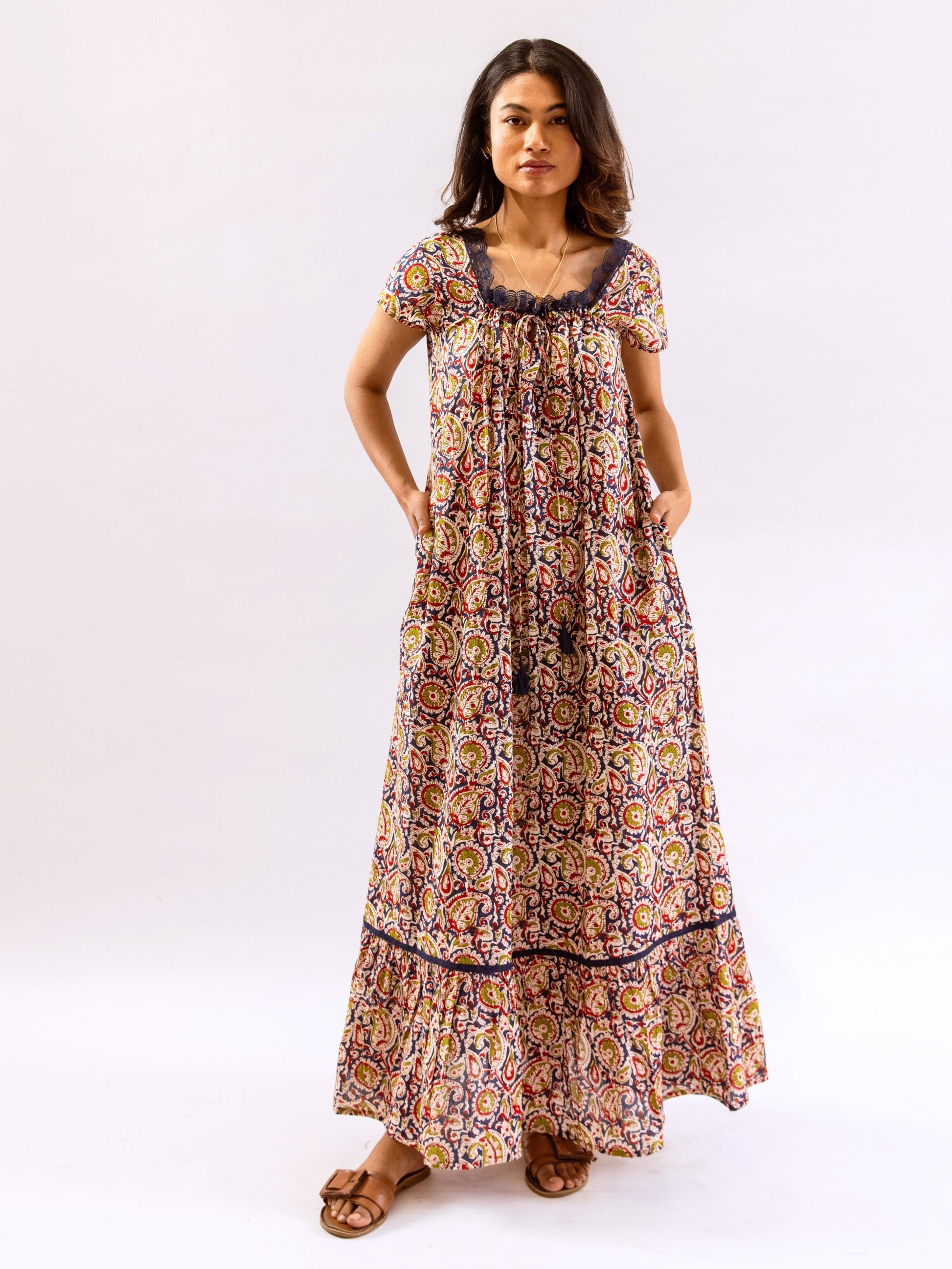 Blue Twilight Garden Tie-Up Pure Cotton Square neck Night Maxi
