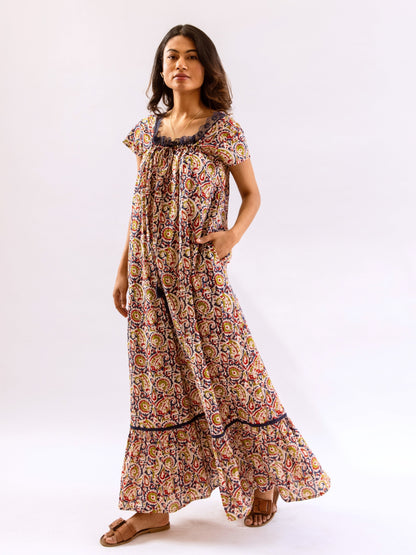 Blue Twilight Garden Tie-Up Pure Cotton Square neck Night Maxi