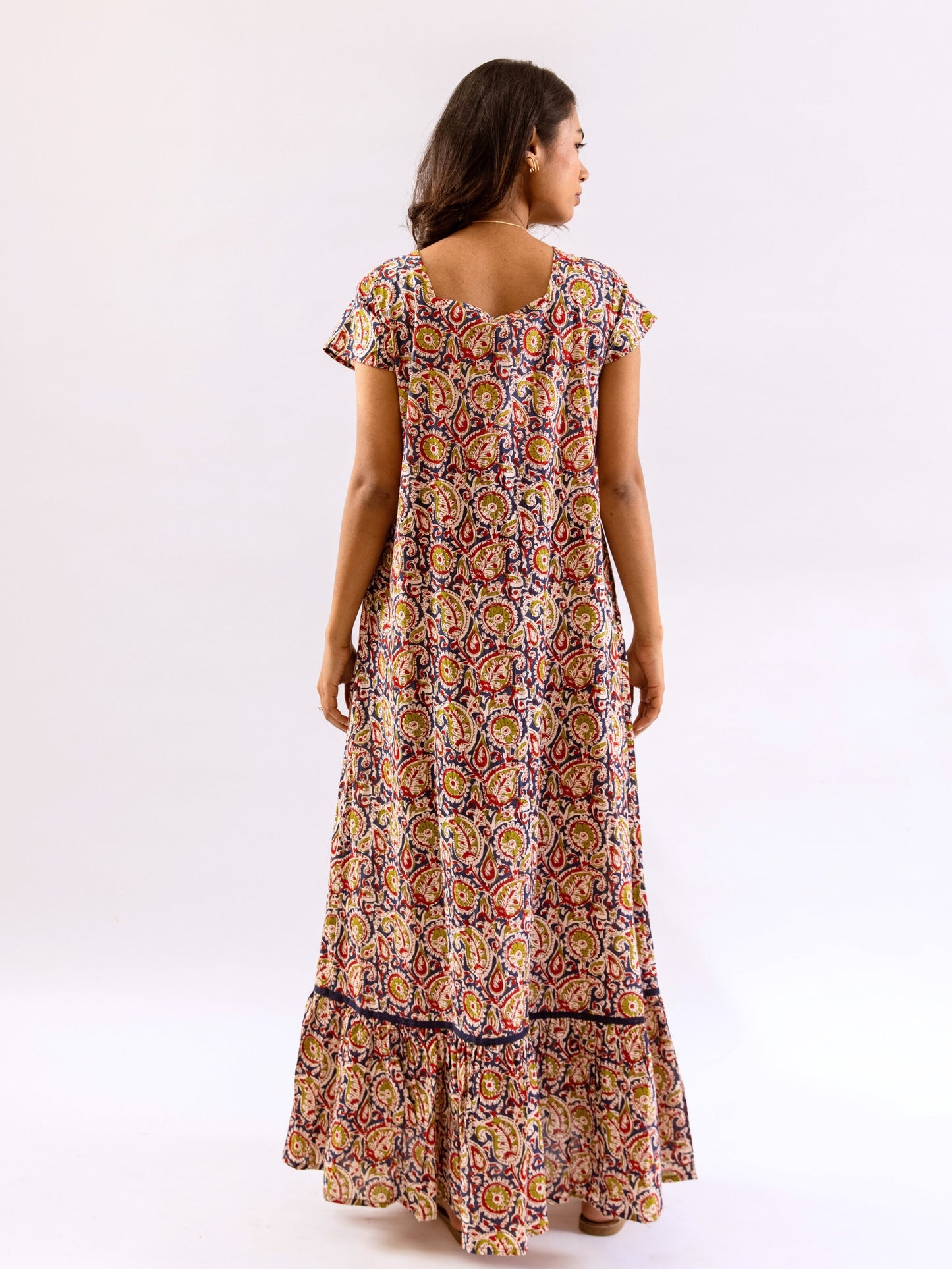 Blue Twilight Garden Tie-Up Pure Cotton Square neck Night Maxi