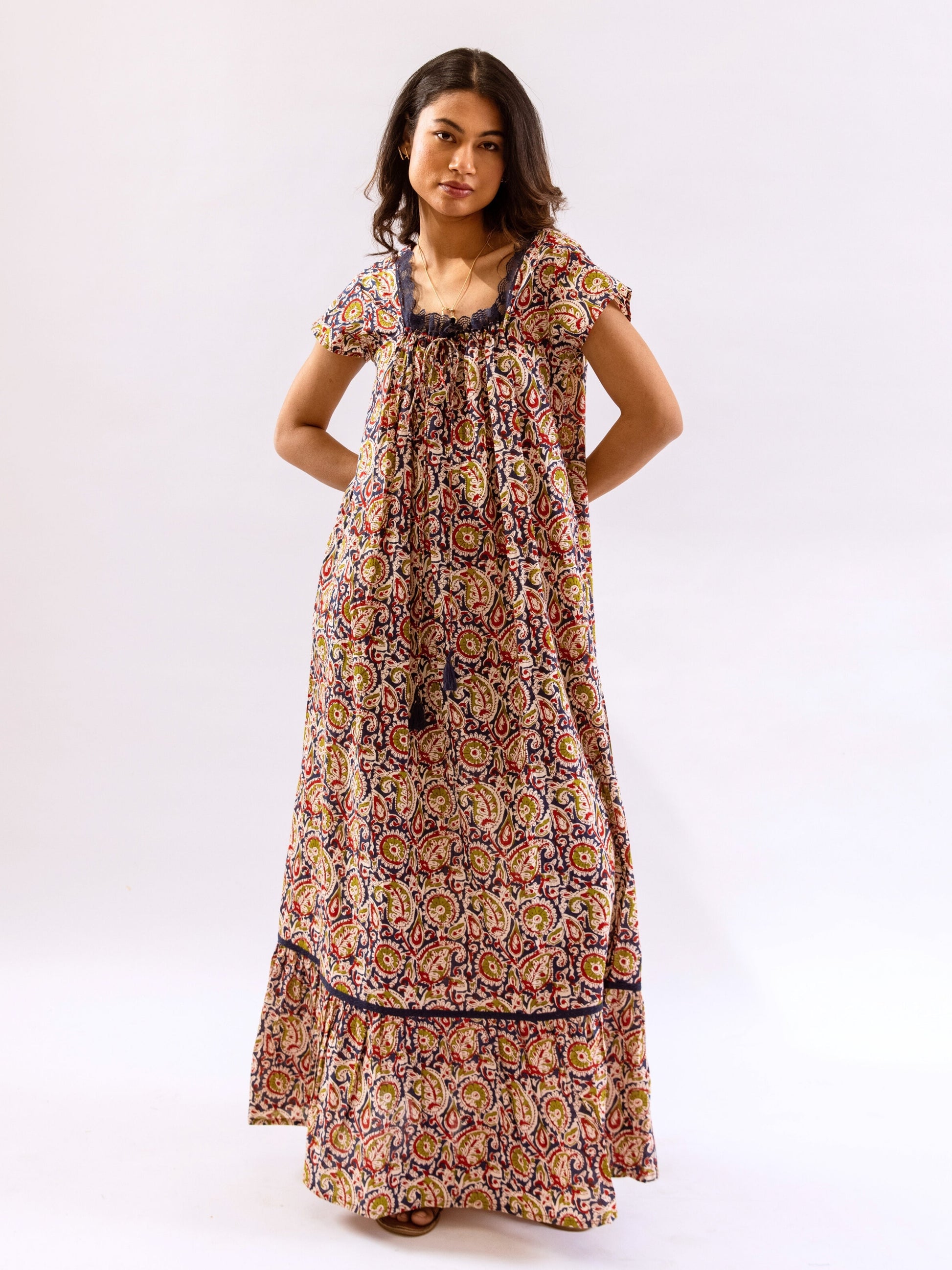 Blue Twilight Garden Tie-Up Pure Cotton Square neck Night Maxi
