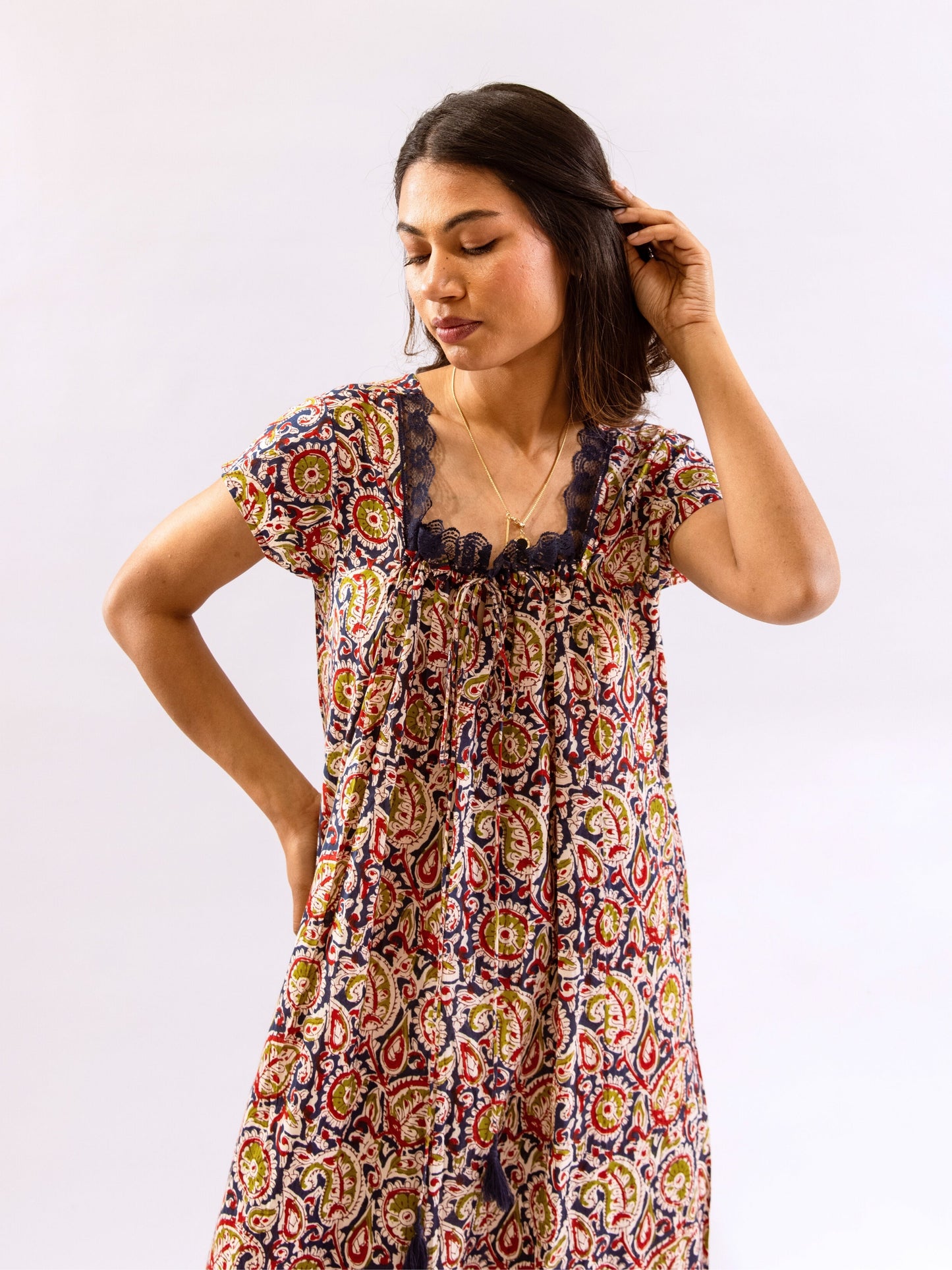 Blue Twilight Garden Tie-Up Pure Cotton Square neck Night Maxi