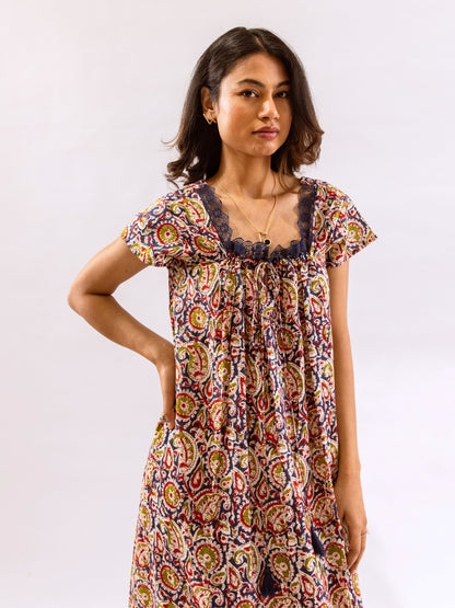 Blue Twilight Garden Tie-Up Pure Cotton Square neck Night Maxi