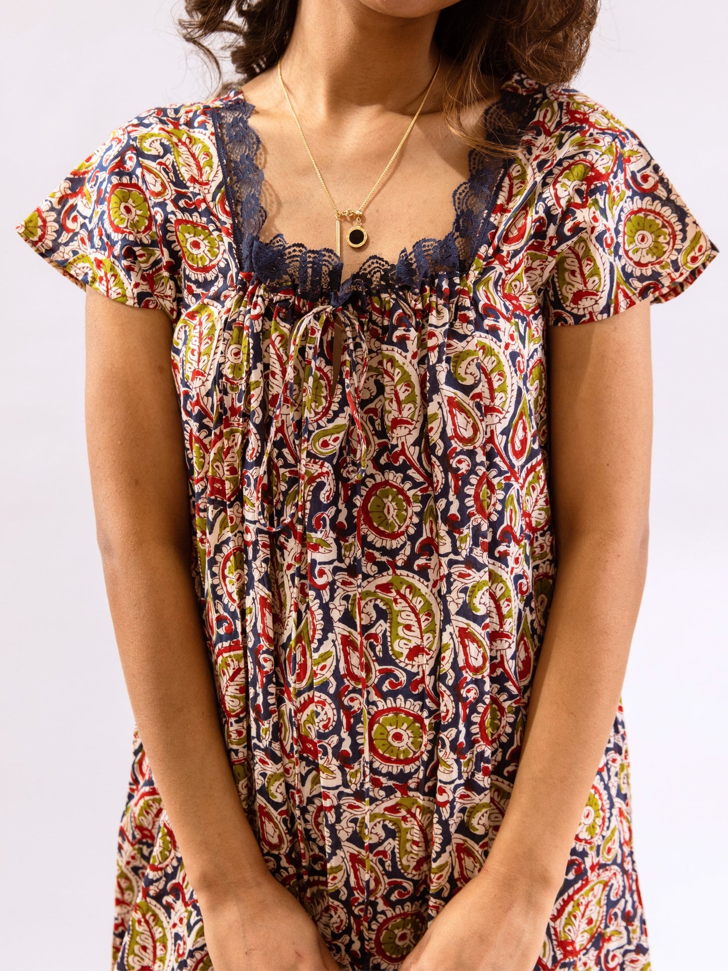 Blue Twilight Garden Tie-Up Pure Cotton Square neck Night Maxi