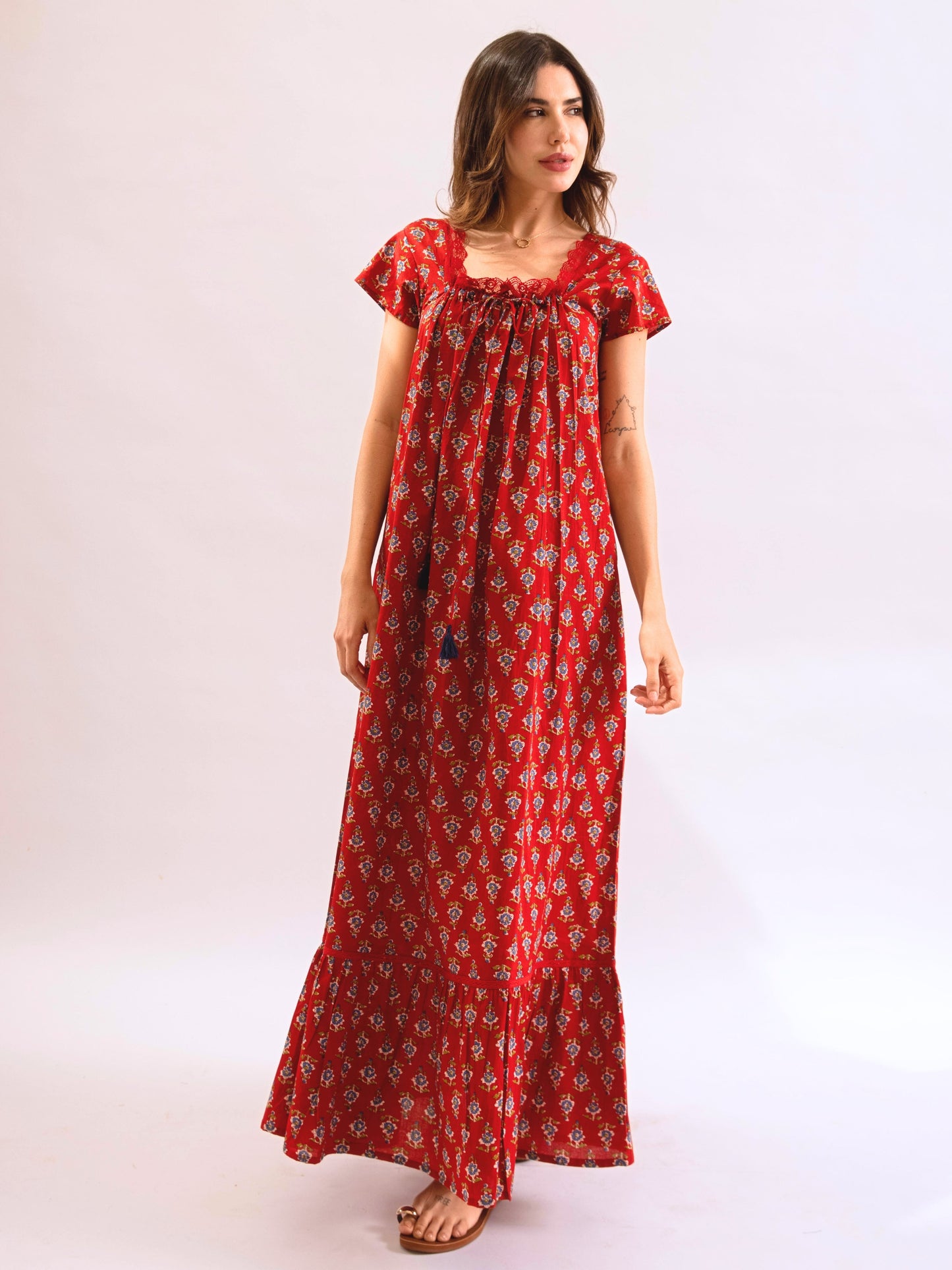 Red Petal Play Tie-Up Pure Cotton Square neck Night Maxi