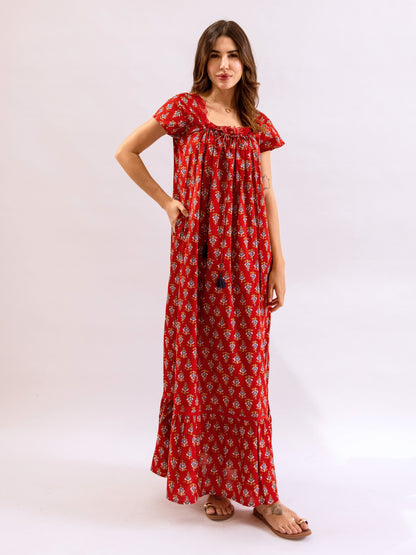 Red Petal Play Tie-Up Pure Cotton Square neck Night Maxi