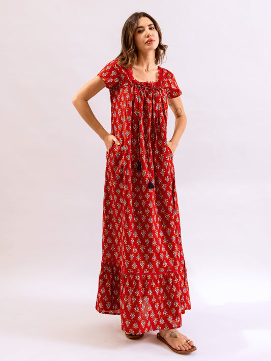 Red Petal Play Tie-Up Pure Cotton Square neck Night Maxi