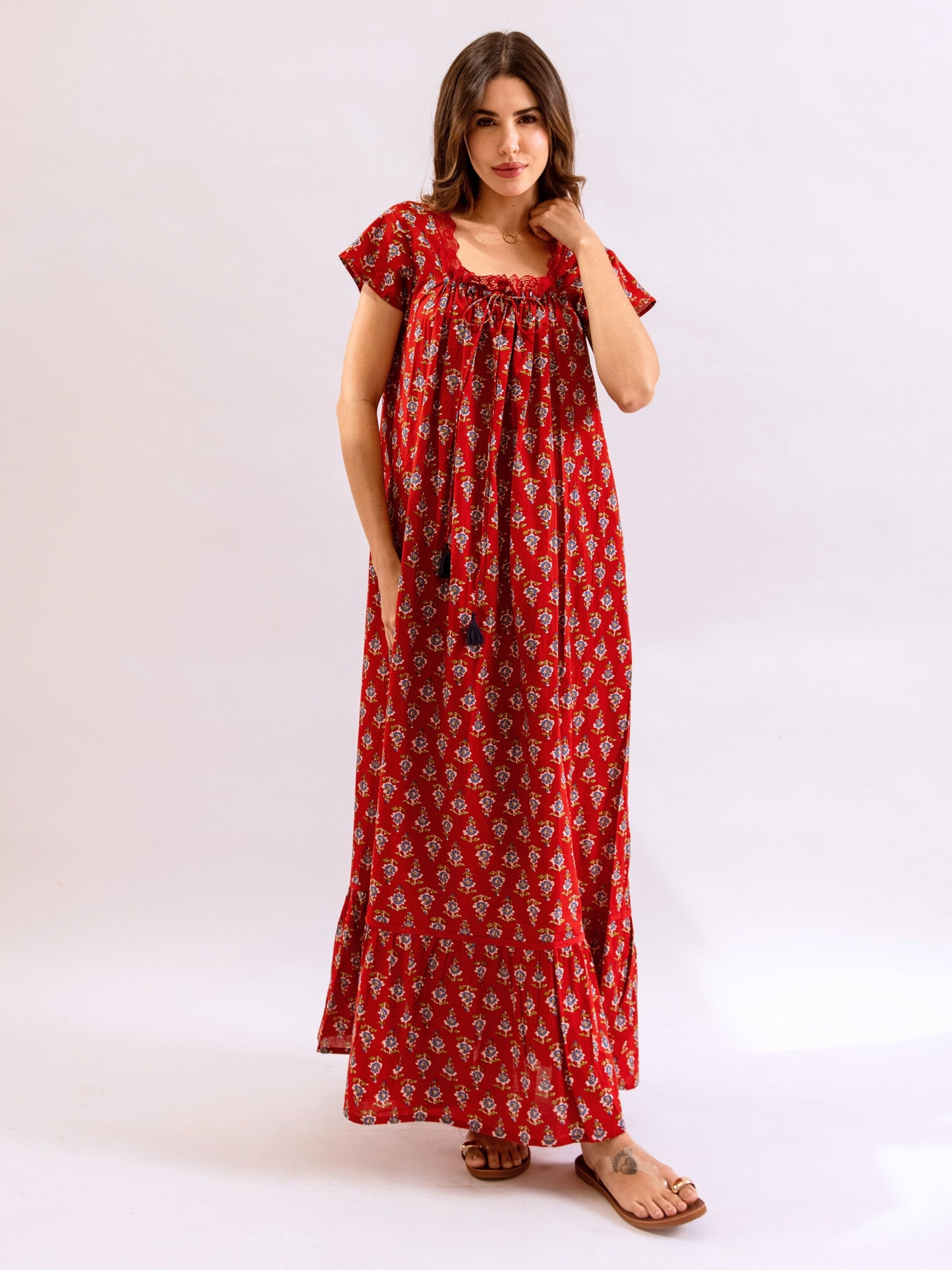 Red Petal Play Tie-Up Pure Cotton Square neck Night Maxi