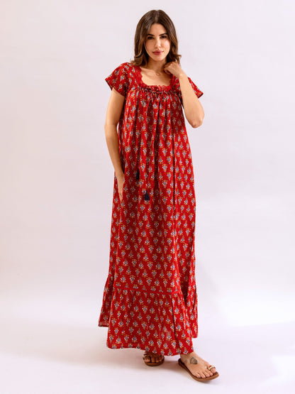 Red Petal Play Tie-Up Pure Cotton Square neck Night Maxi