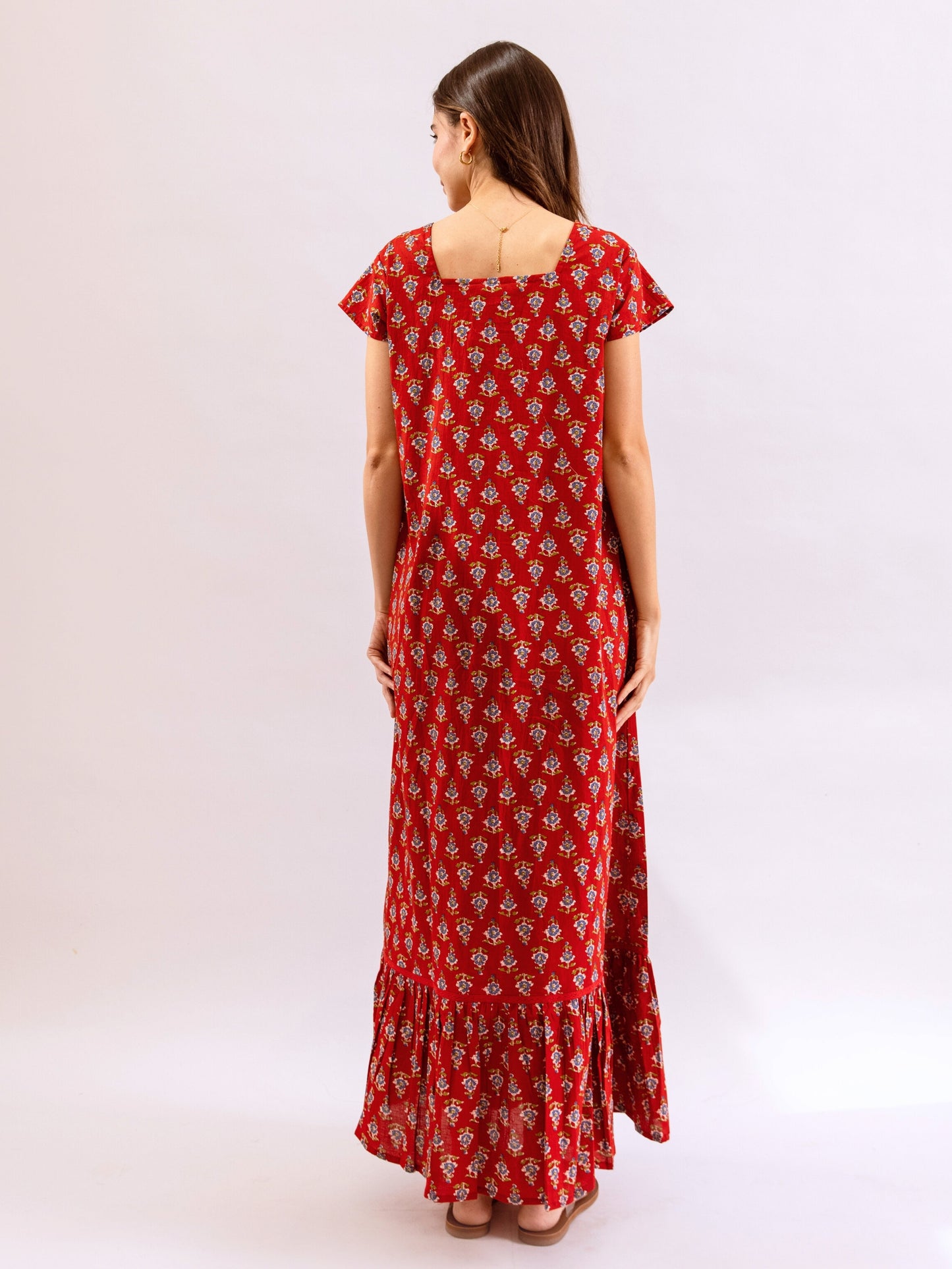 Red Petal Play Tie-Up Pure Cotton Square neck Night Maxi