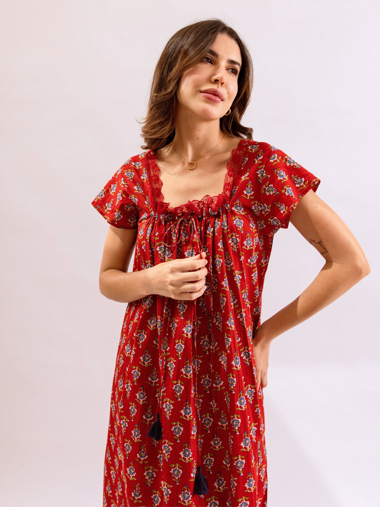 Red Petal Play Tie-Up Pure Cotton Square neck Night Maxi