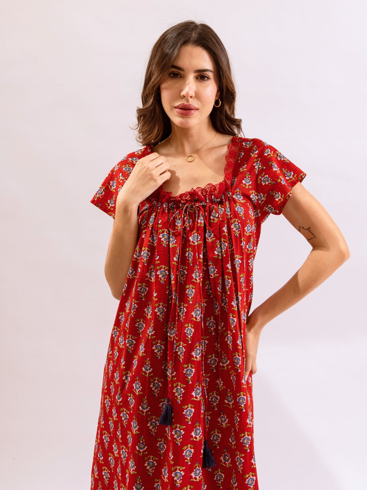 Red Petal Play Tie-Up Pure Cotton Square neck Night Maxi