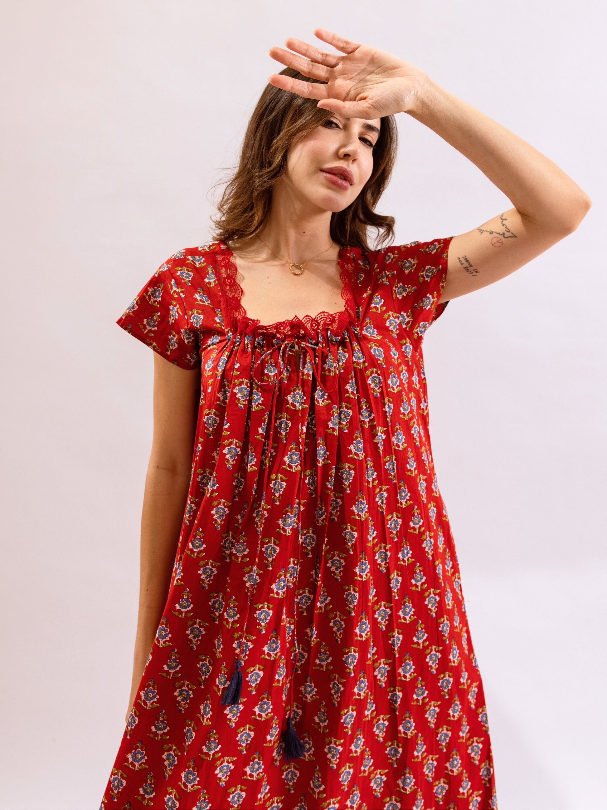 Red Petal Play Tie-Up Pure Cotton Square neck Night Maxi