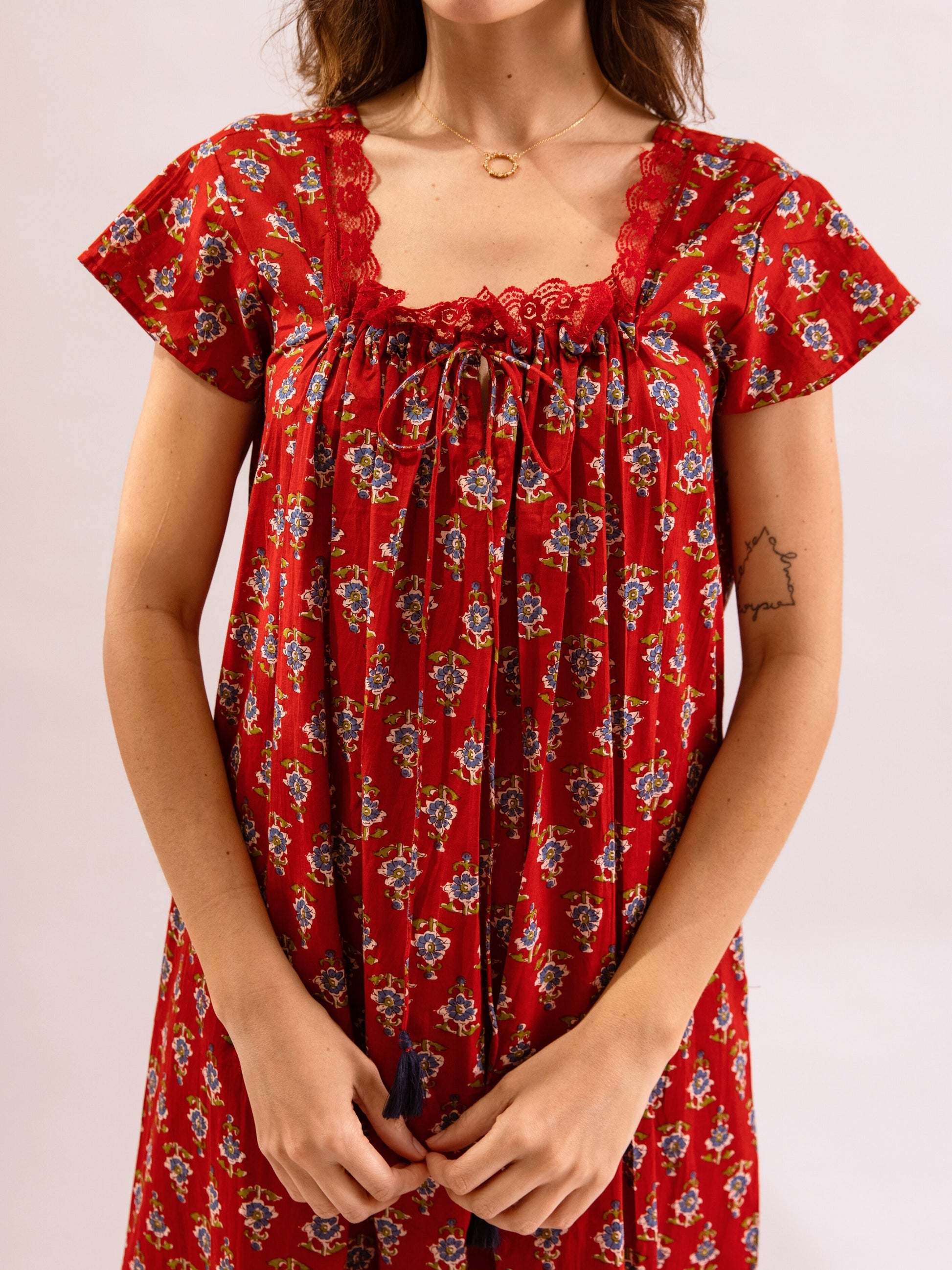 Red Petal Play Tie-Up Pure Cotton Square neck Night Maxi
