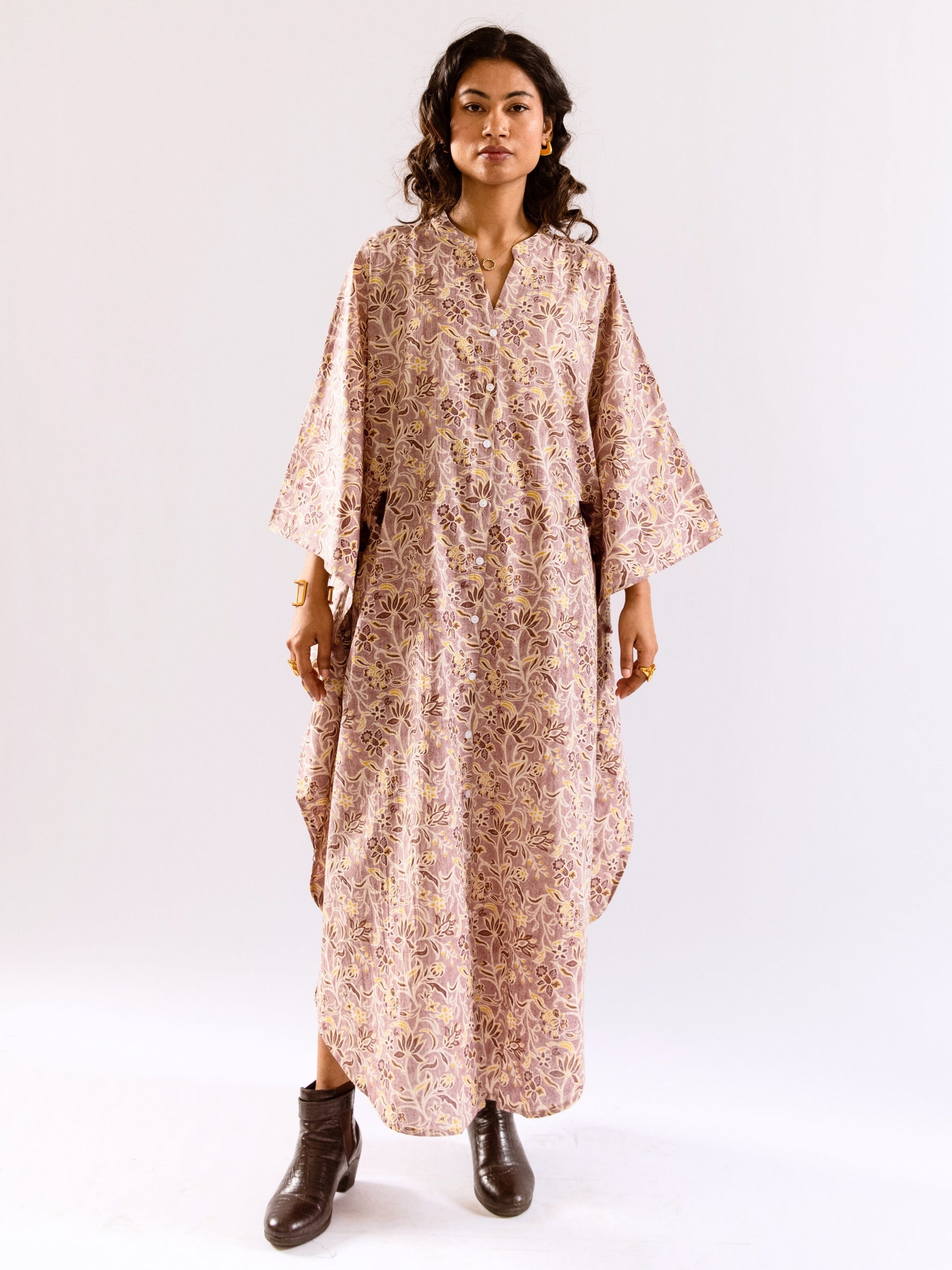 Lavender Floral Flirt Pure Cotton V neck Kaftan Dress