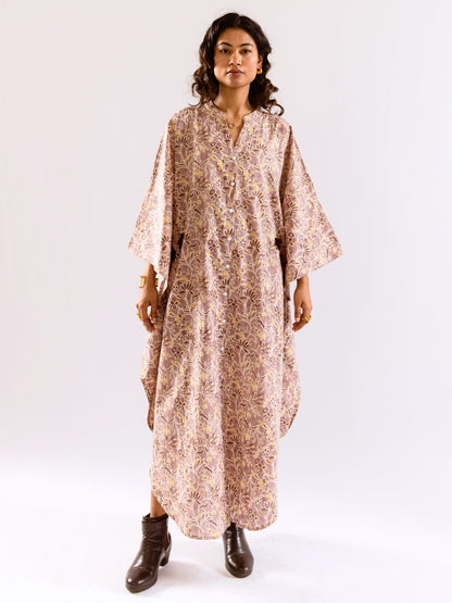 Lavender Floral Flirt Pure Cotton V neck Kaftan Dress
