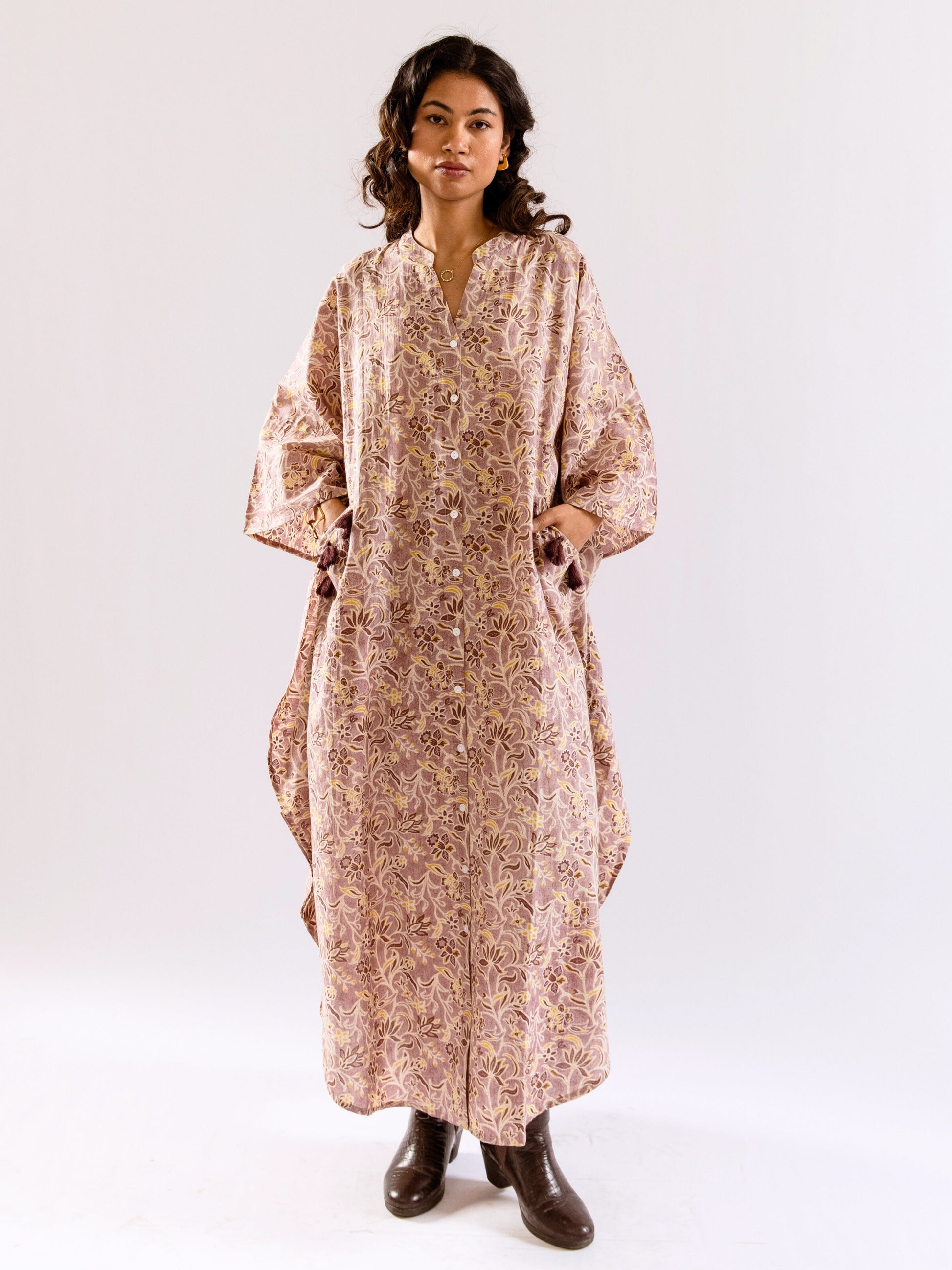 Lavender Floral Flirt Pure Cotton V neck Kaftan Dress