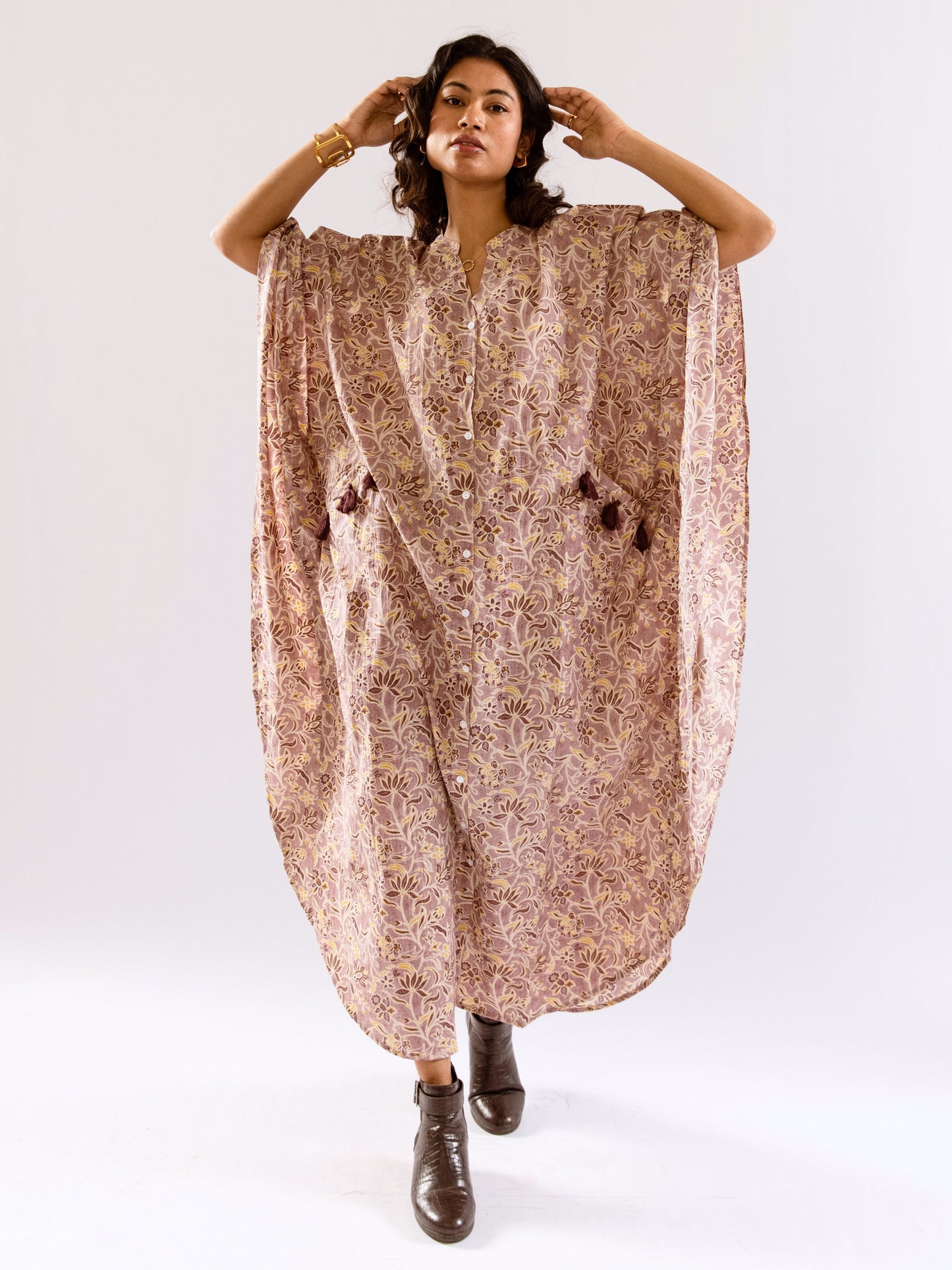 Lavender Floral Flirt Pure Cotton V neck Kaftan Dress