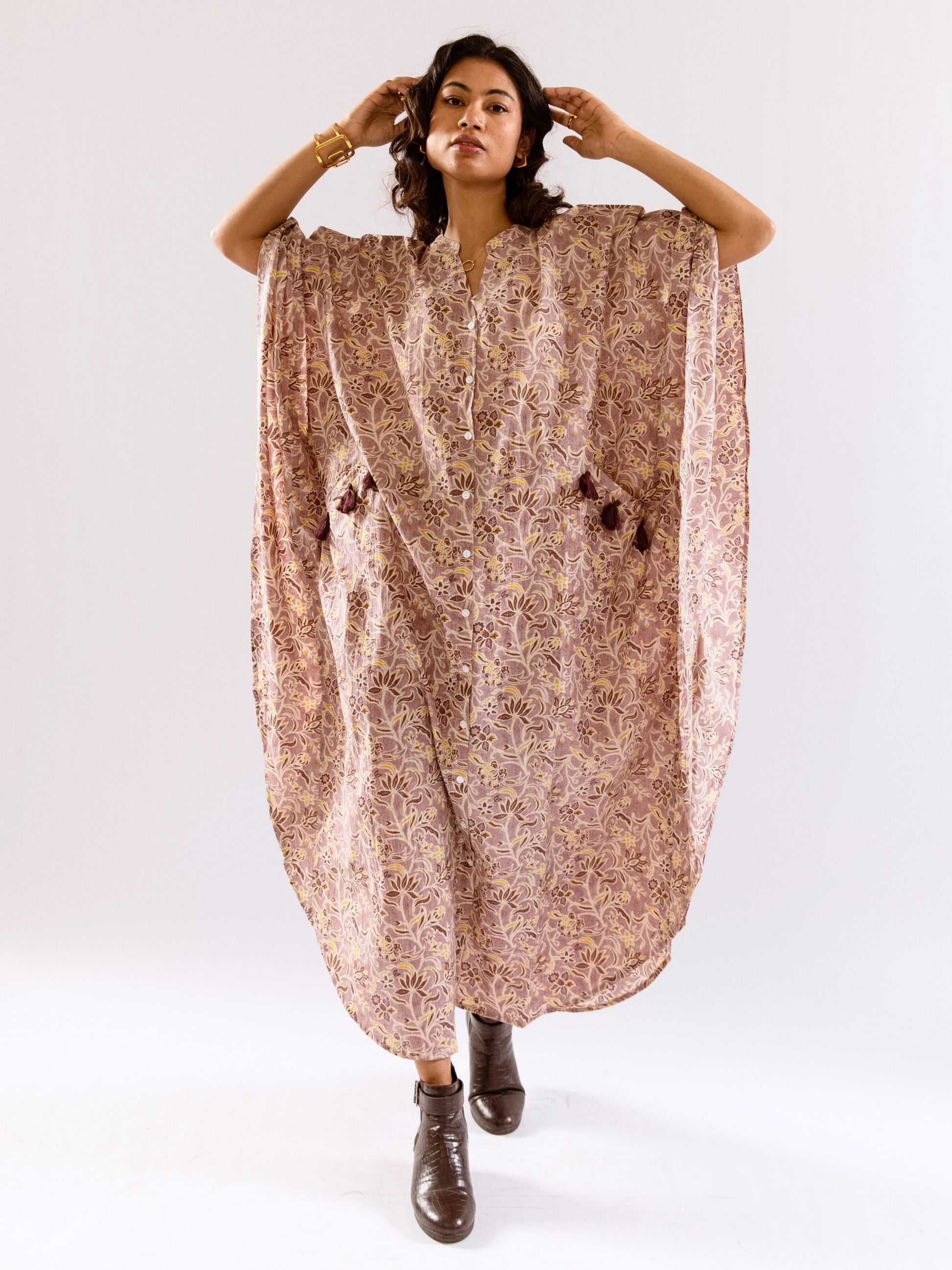 Lavender Floral Flirt Pure Cotton V neck Kaftan Dress