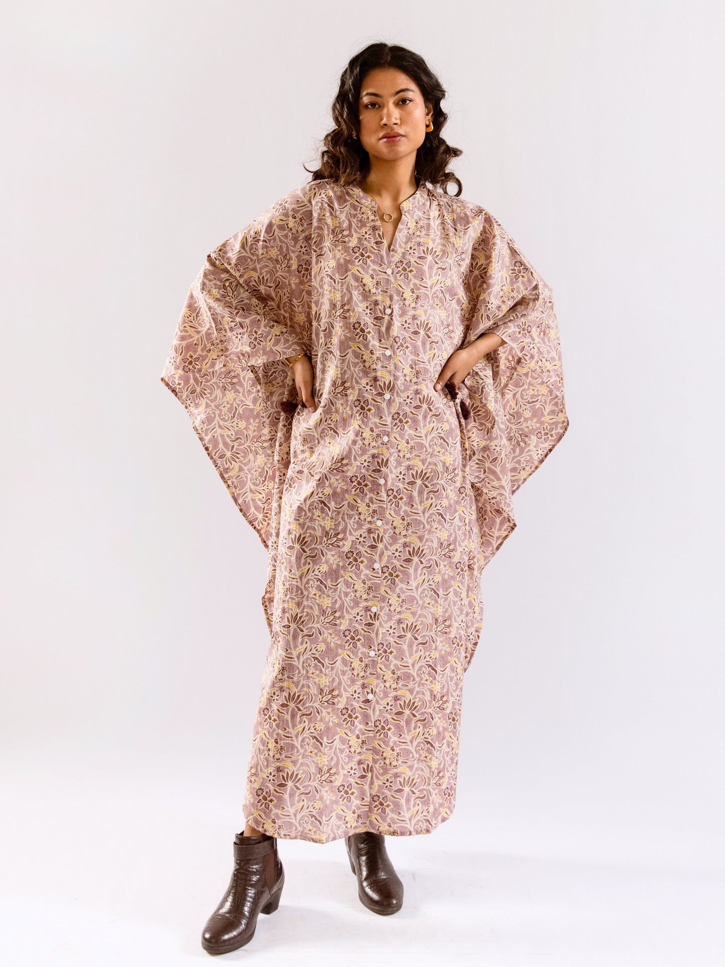 Lavender Floral Flirt Pure Cotton V neck Kaftan Dress