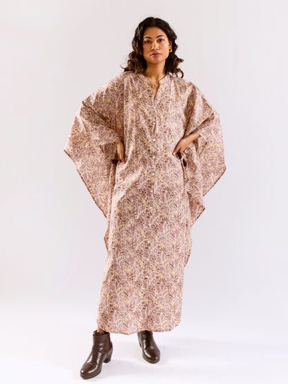 Lavender Floral Flirt Pure Cotton V neck Kaftan Dress
