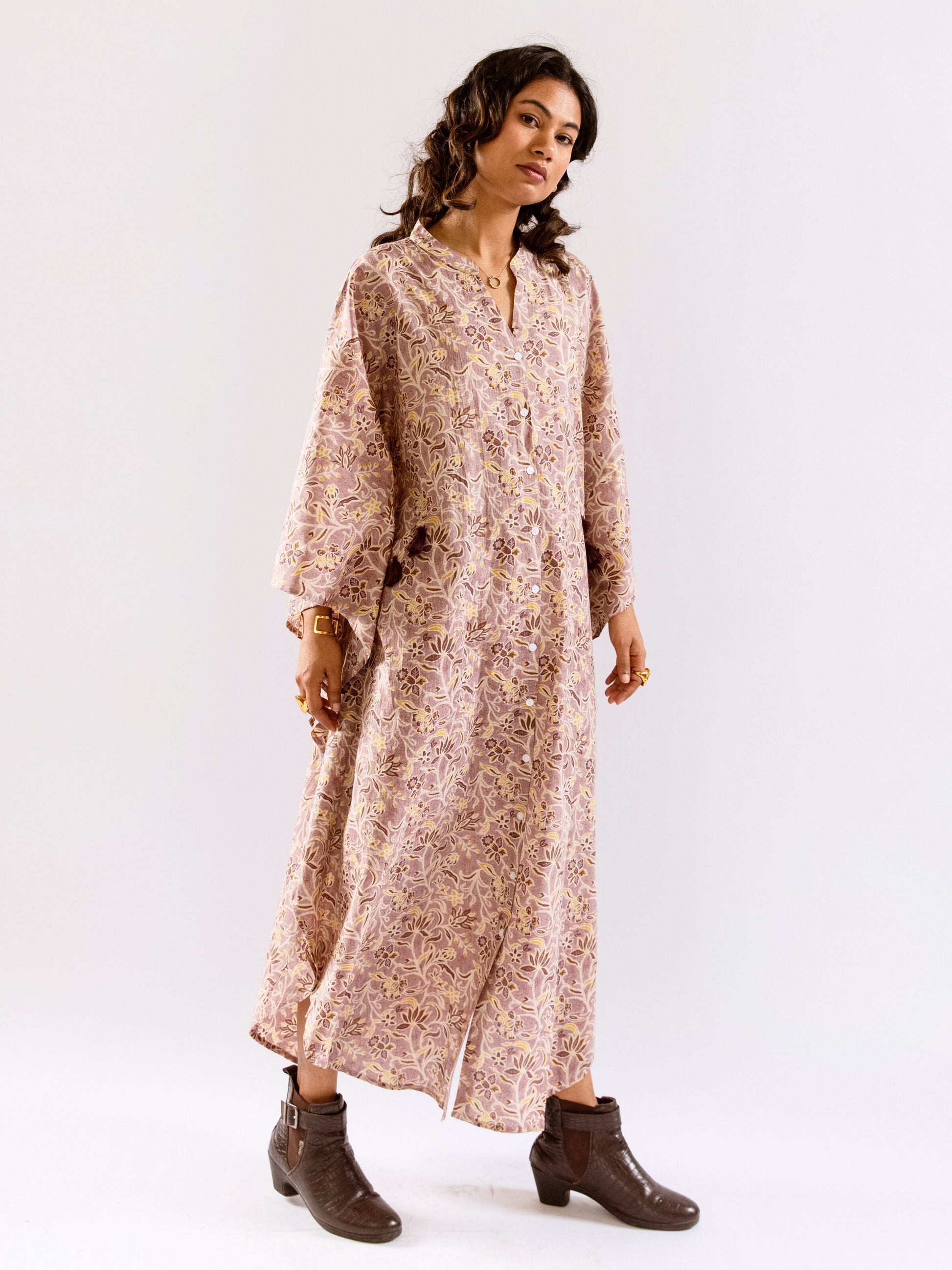 Lavender Floral Flirt Pure Cotton V neck Kaftan Dress