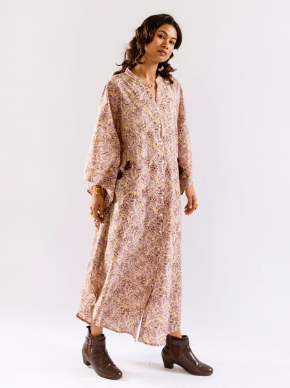 Lavender Floral Flirt Pure Cotton V neck Kaftan Dress