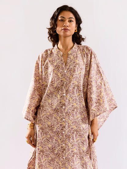 Lavender Floral Flirt Pure Cotton V neck Kaftan Dress