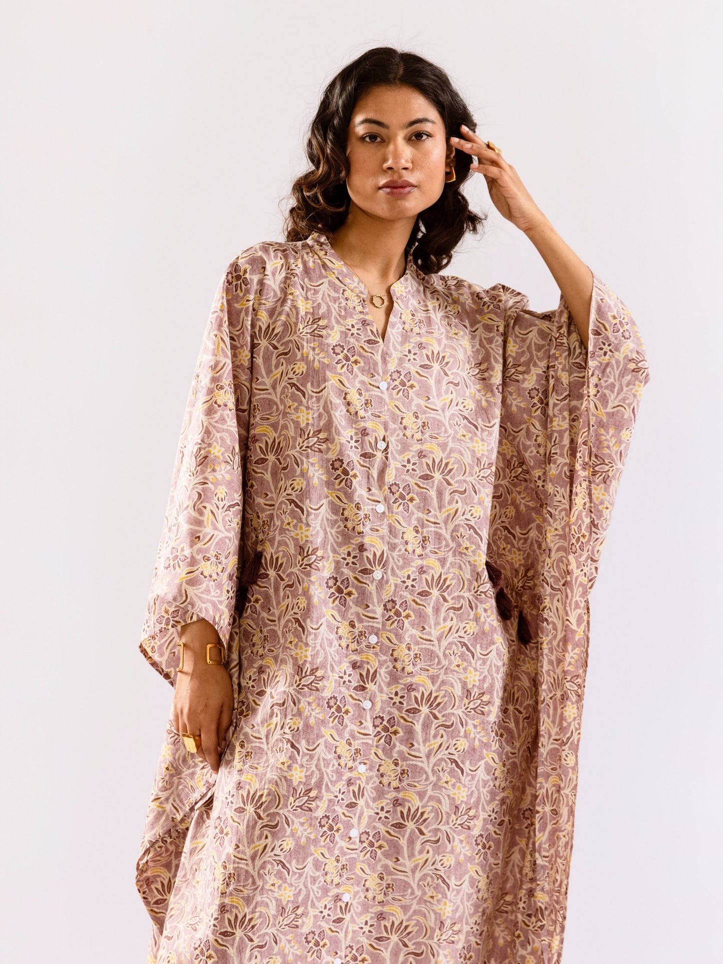 Lavender Floral Flirt Pure Cotton V neck Kaftan Dress