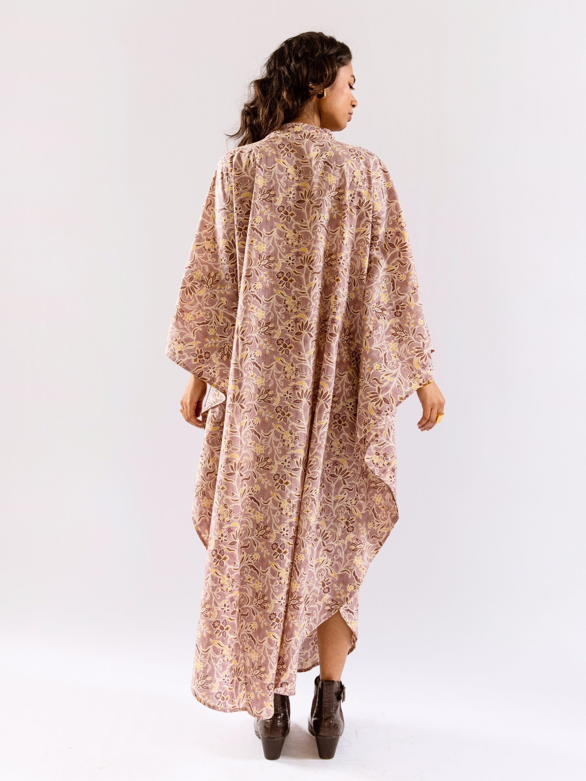 Lavender Floral Flirt Pure Cotton V neck Kaftan Dress