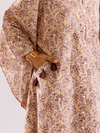 Lavender Floral Flirt Pure Cotton V neck Kaftan Dress