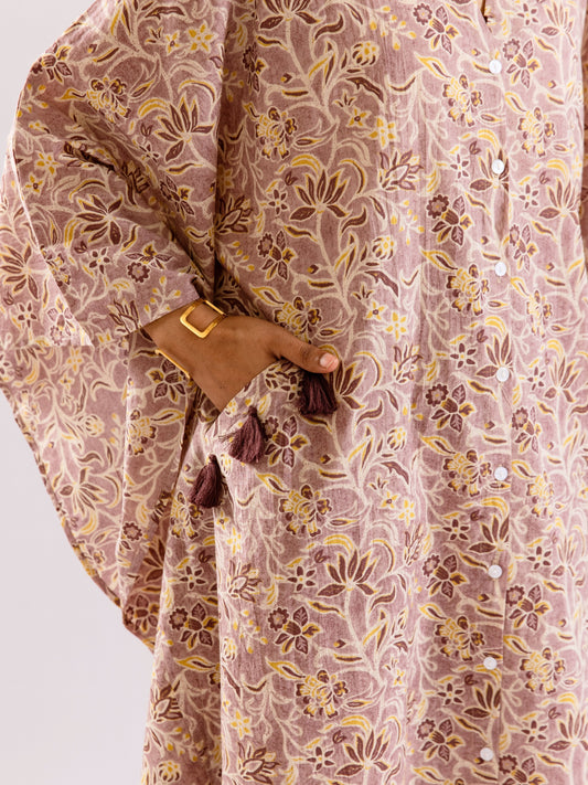 Lavender Floral Flirt Pure Cotton V neck Kaftan Dress