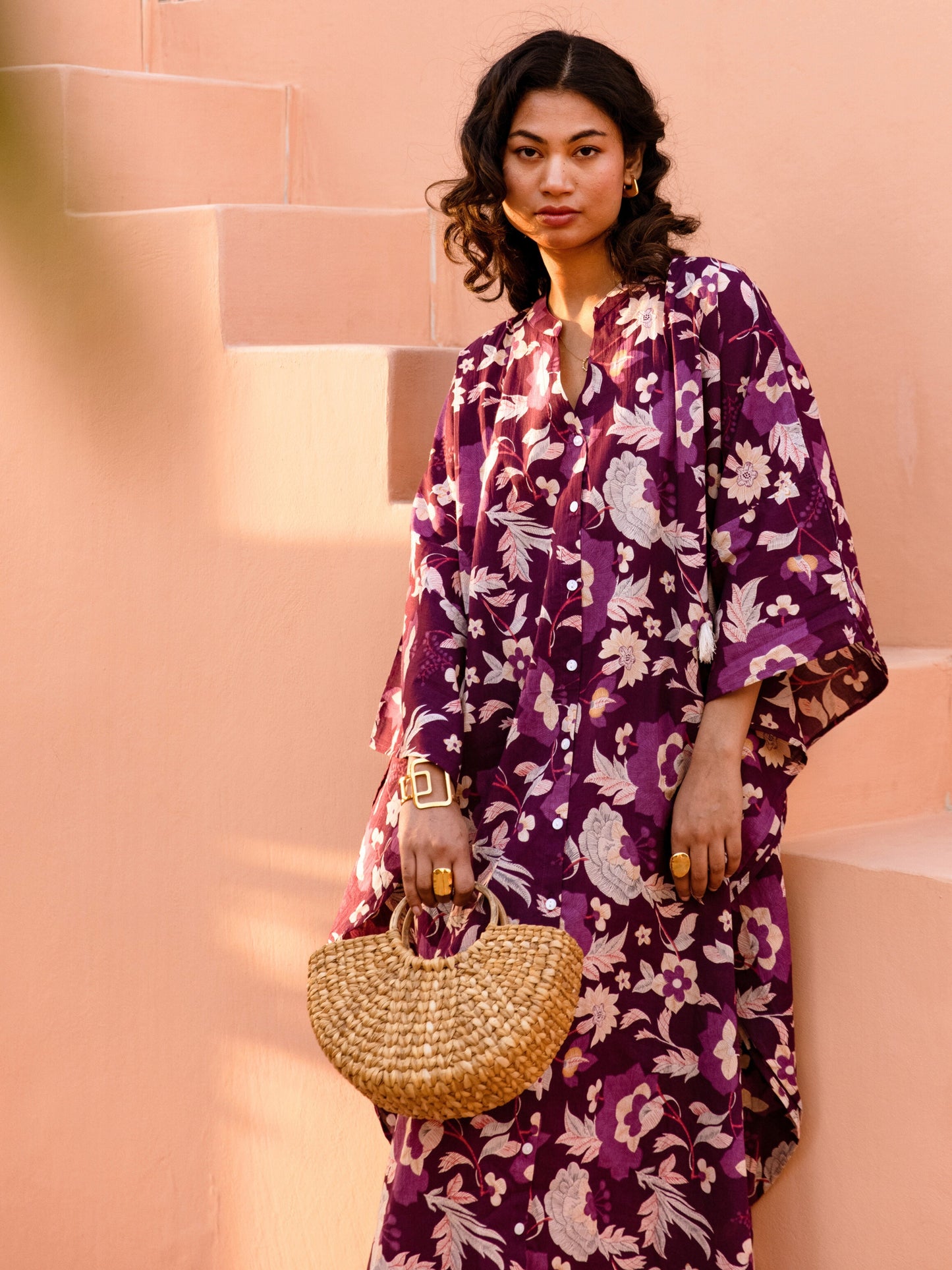 Purple Boho Sage Pure Cotton V neck Kaftan Dress