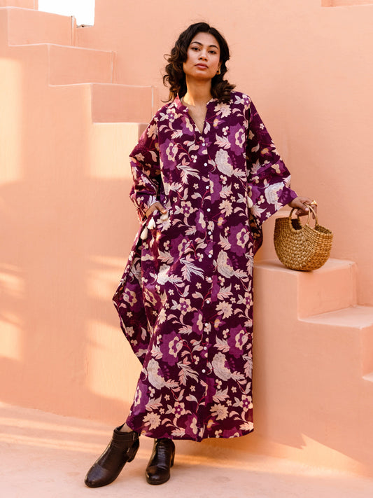 Purple Boho Sage Pure Cotton V neck Kaftan Dress