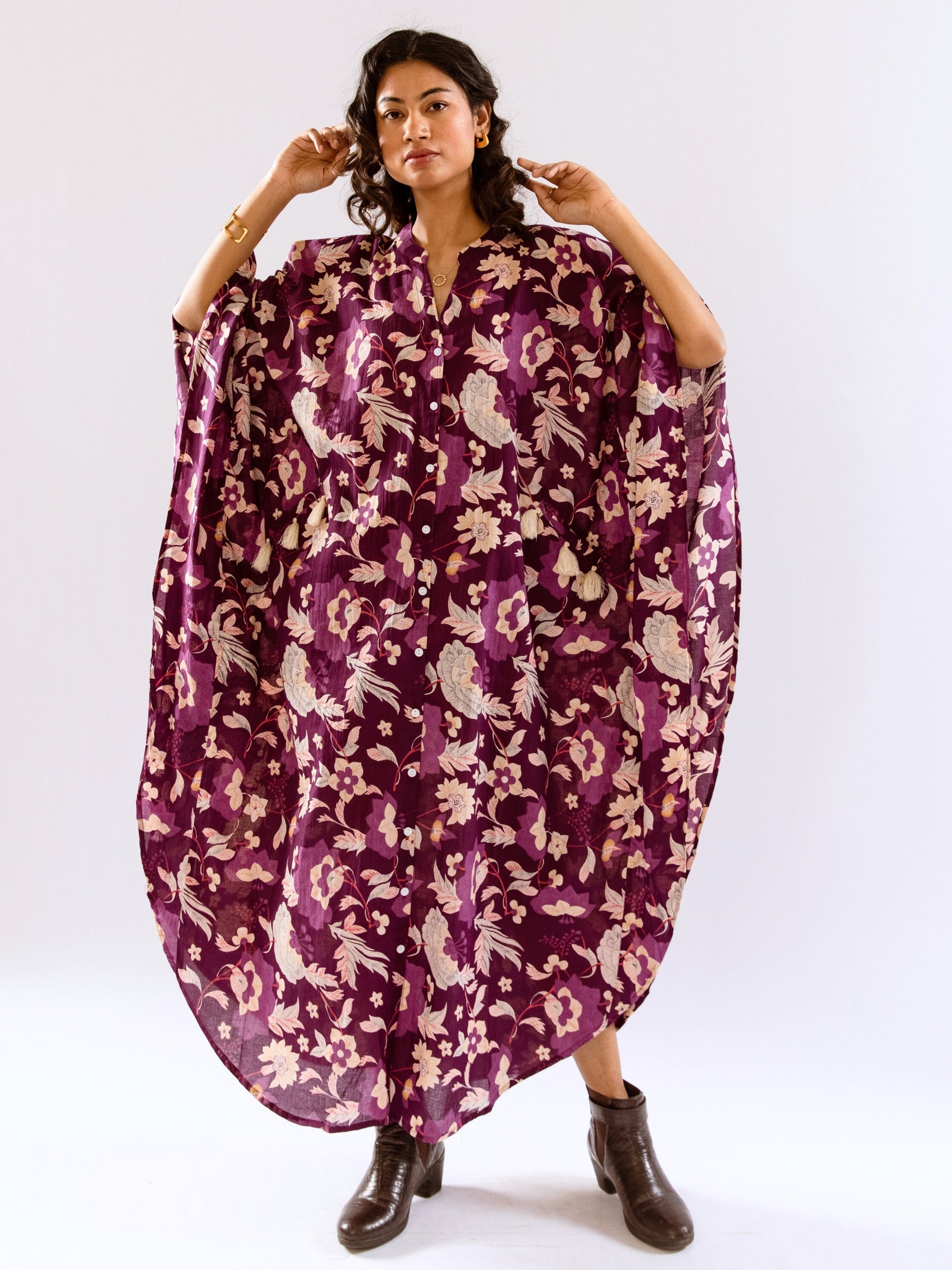 Purple Boho Sage Pure Cotton V neck Kaftan Dress