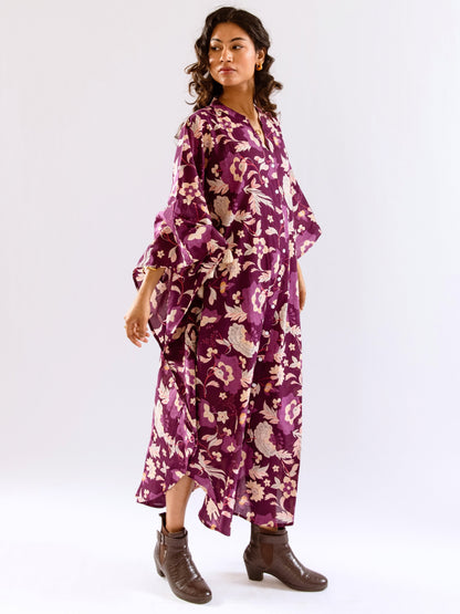 Purple Boho Sage Pure Cotton V neck Kaftan Dress