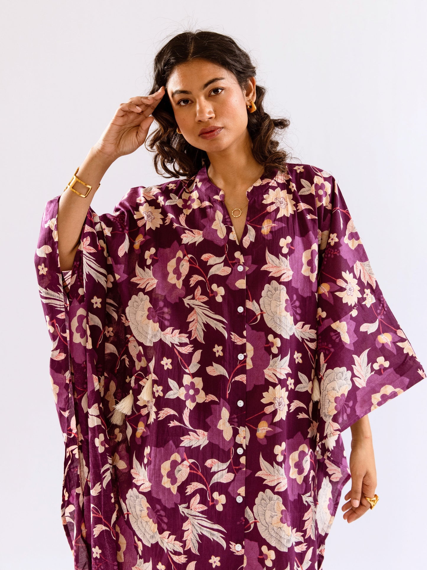 Purple Boho Sage Pure Cotton V neck Kaftan Dress