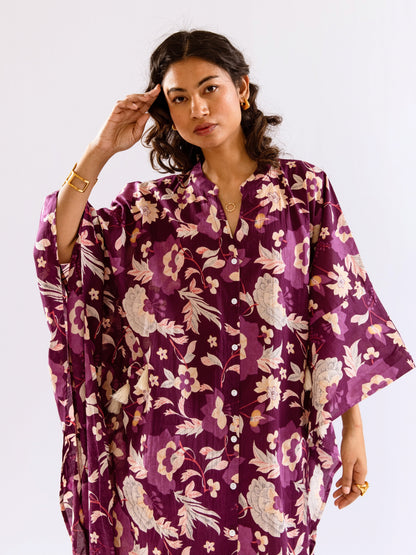 Purple Boho Sage Pure Cotton V neck Kaftan Dress