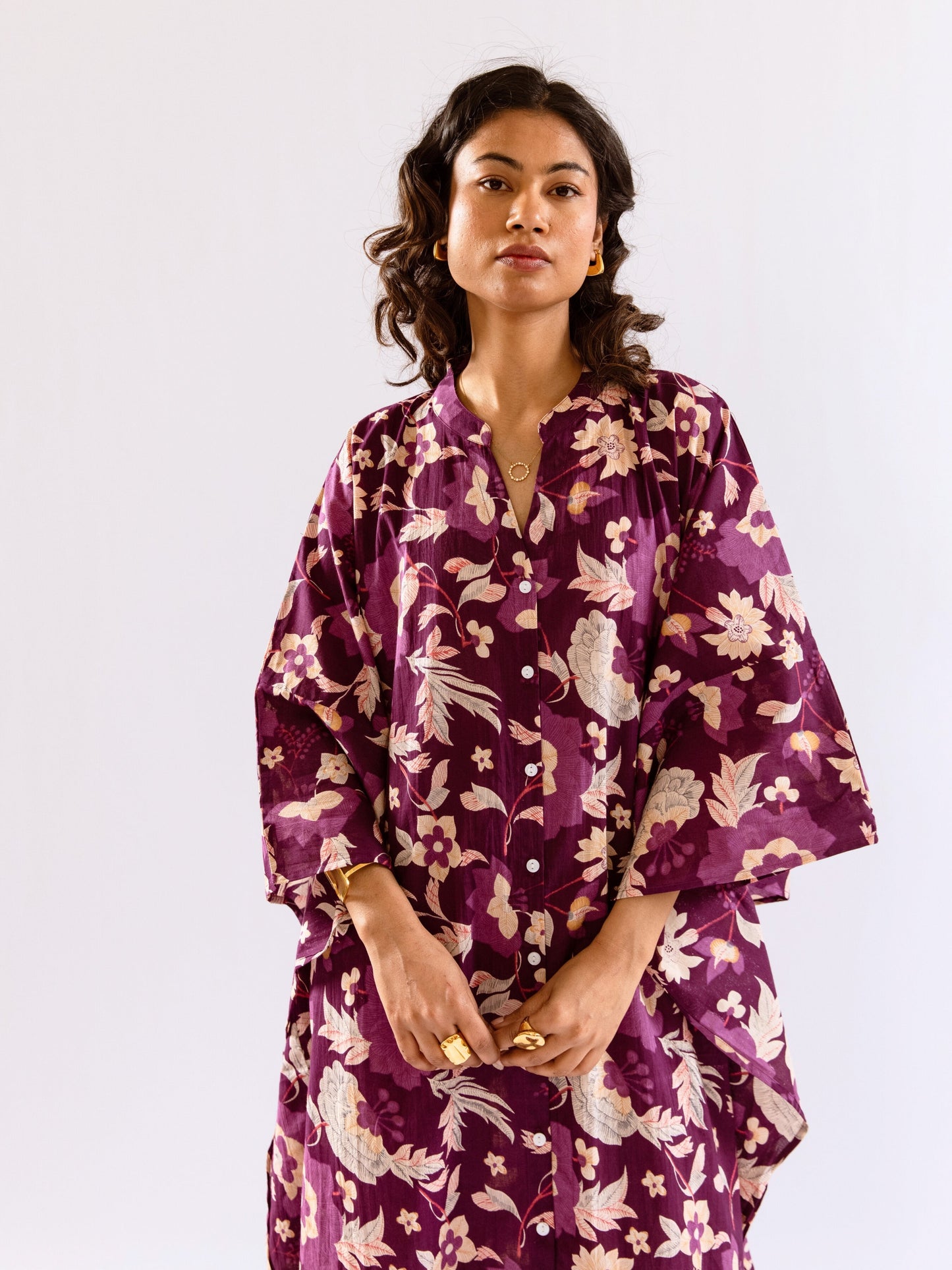 Purple Boho Sage Pure Cotton V neck Kaftan Dress