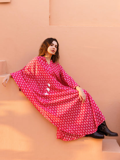 Pink Fantasy Flare Pure Cotton V neck Kaftan Dress