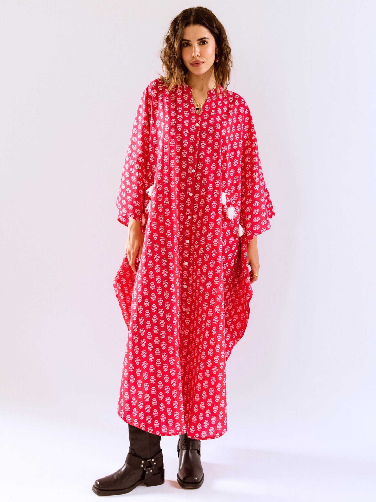 Pink Fantasy Flare Pure Cotton V neck Kaftan Dress