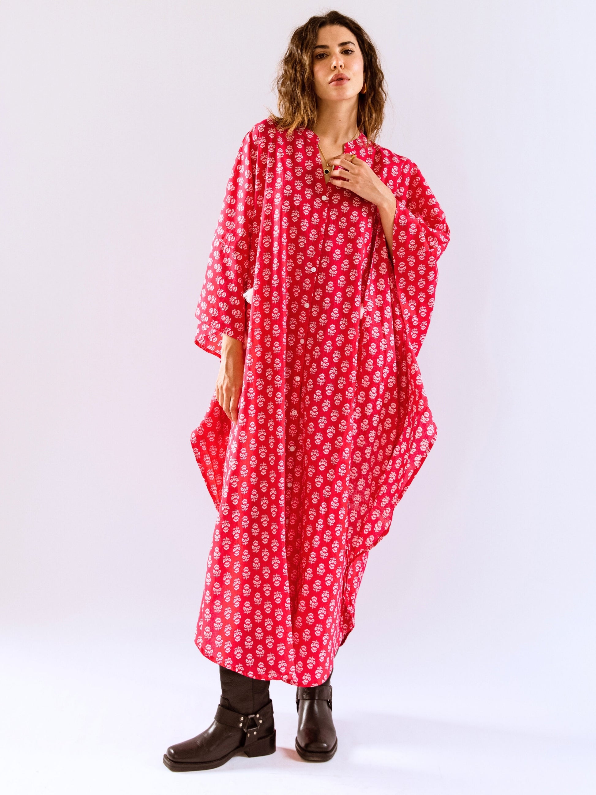 Pink Fantasy Flare Pure Cotton V neck Kaftan Dress