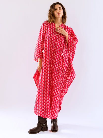 Pink Fantasy Flare Pure Cotton V neck Kaftan Dress